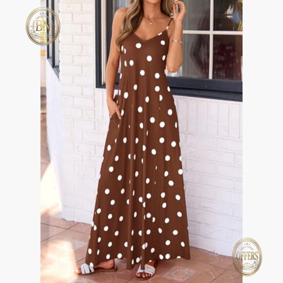 Polka Dot Maxi Dress with Adjustable Spaghetti Straps and Side Pockets - Picture 5 of 7